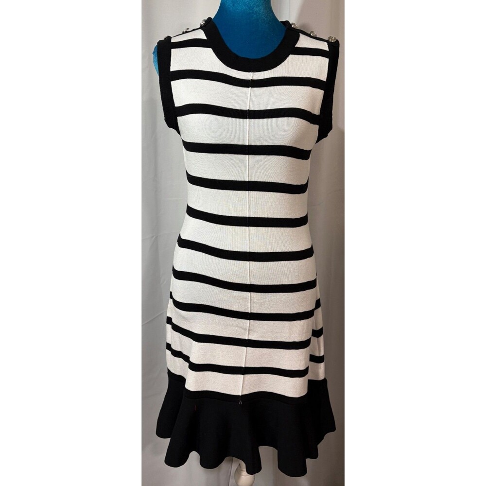 Women's Black White Striped Knit Dress Sleeveless Fit & Flare Gold Button